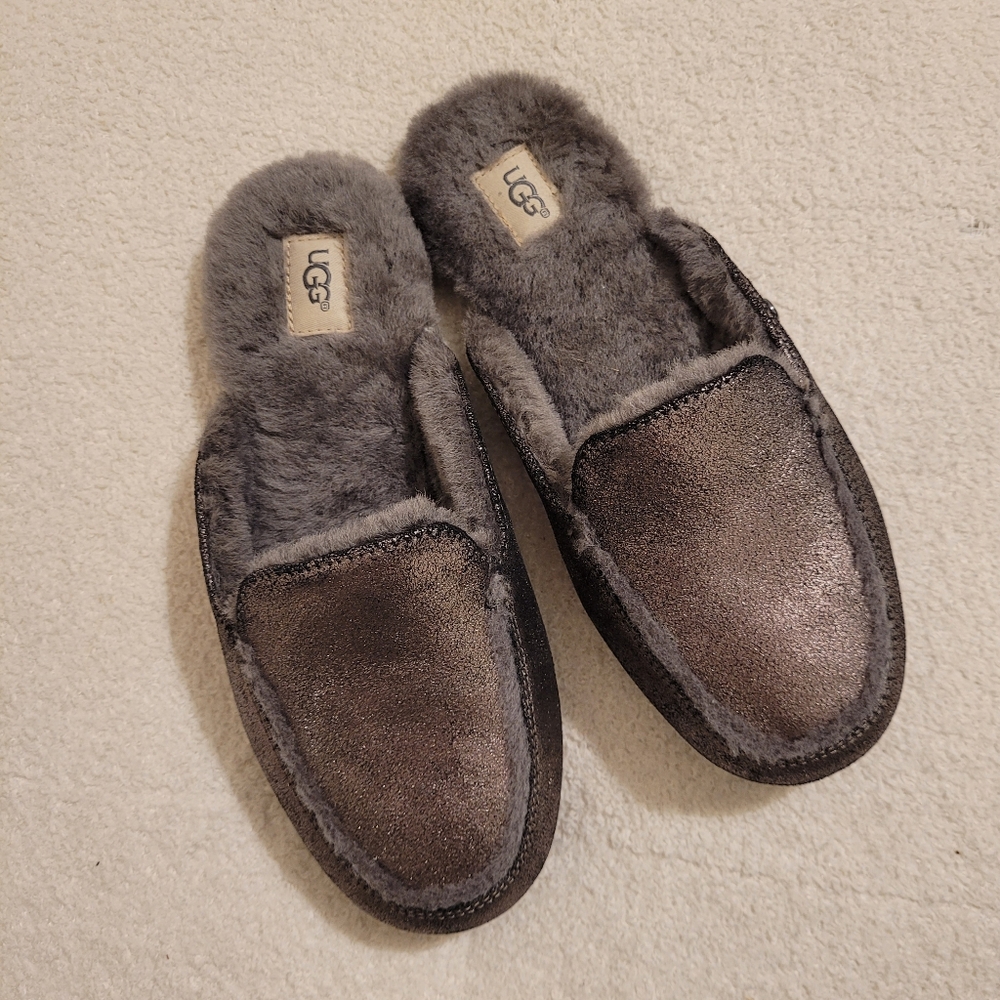 UGG Gray Plush Shearling Mule Slippers